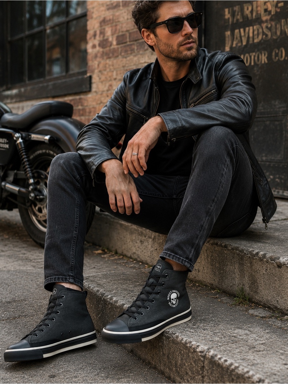 Harley-Davidson Baxter Men’s 9.5 Black Leather High Top Sneakers D93341 Skull